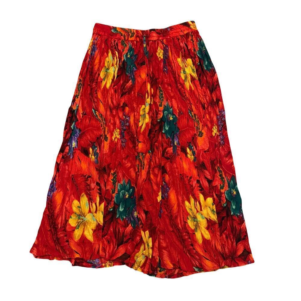 Vintage Her Style Red Orange Bright Floral Midi Skirt Small Tropical Vacation